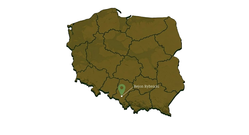Mapa Polski z zaznaczonym Rejonem Rybnickim